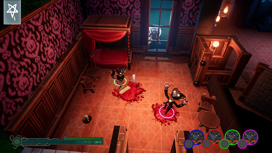 Ritual Party screenshot showing players slip on and cleaning blood